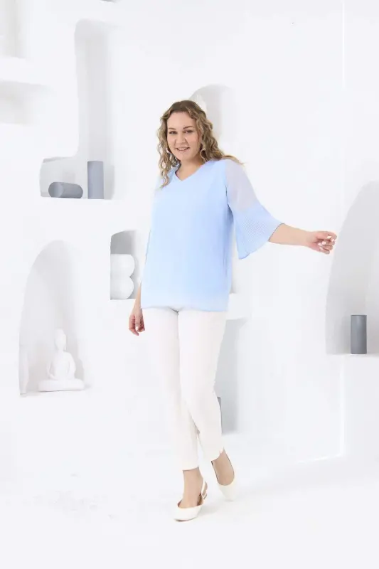 Pleated Sleeve Plus Size Baby Blue Blouse - 8