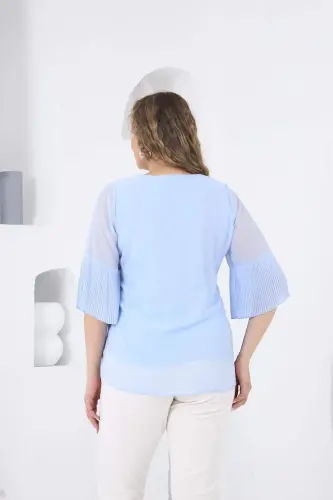 Pleated Sleeve Plus Size Baby Blue Blouse - 4
