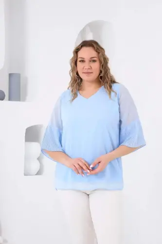 Pleated Sleeve Plus Size Baby Blue Blouse - 1