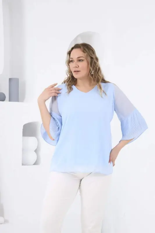 Pleated Sleeve Plus Size Baby Blue Blouse - 2