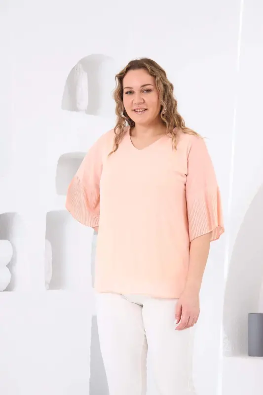 Pleated Sleeve Plus Size Baby Pink Blouse - 6