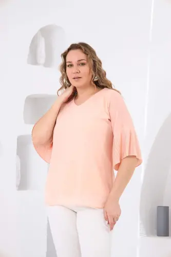 Pleated Sleeve Plus Size Baby Pink Blouse - 9