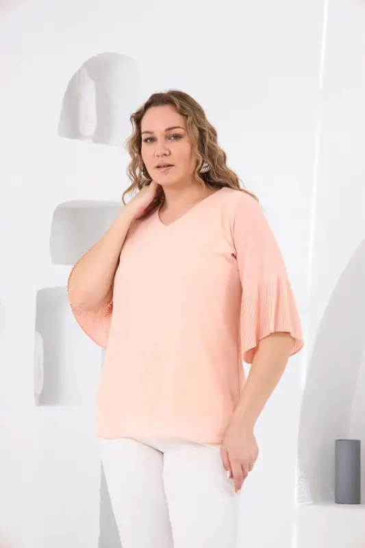Pleated Sleeve Plus Size Baby Pink Blouse - 9