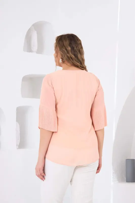 Pleated Sleeve Plus Size Baby Pink Blouse - 4