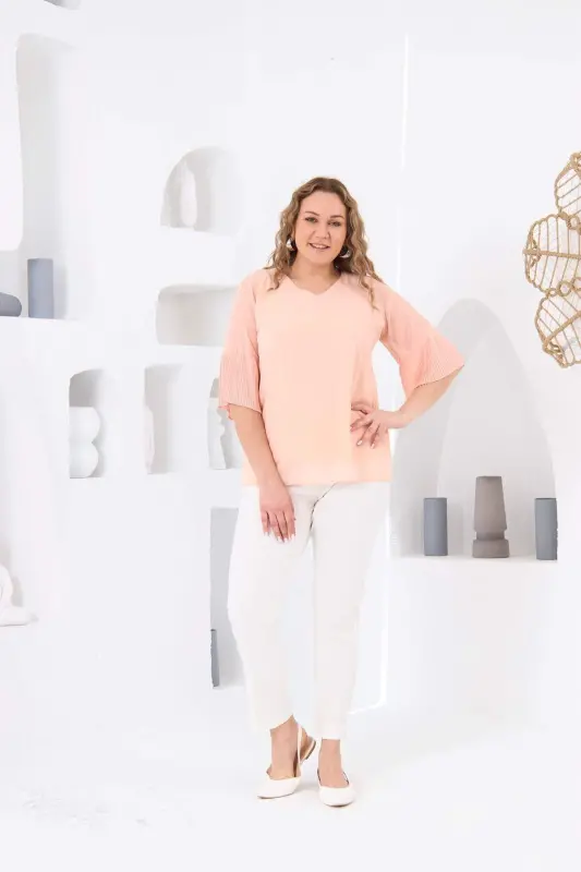 Pleated Sleeve Plus Size Baby Pink Blouse - 5