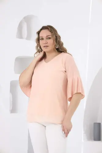 Pleated Sleeve Plus Size Baby Pink Blouse - 3