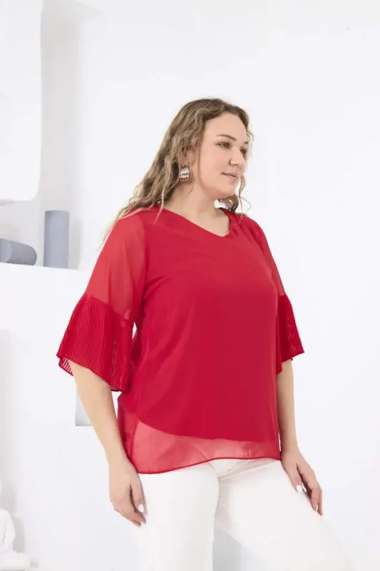 Pleated Sleeves Plus Size Baby Coral Blouse - 2