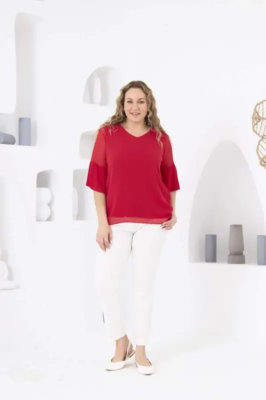 Pleated Sleeves Plus Size Baby Coral Blouse - 5