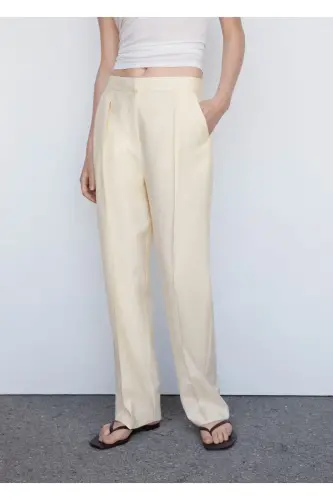 Pleated straight leg pants-Ecru - 1
