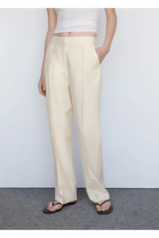 Pleated straight leg pants-Ecru - MANGO WOMAN