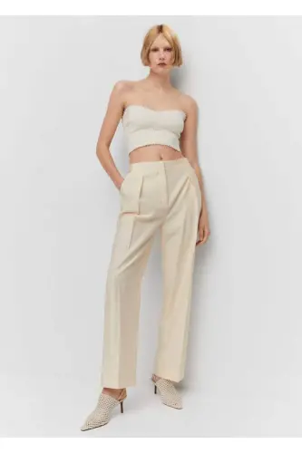 Pleated straight leg pants-Ecru - 6