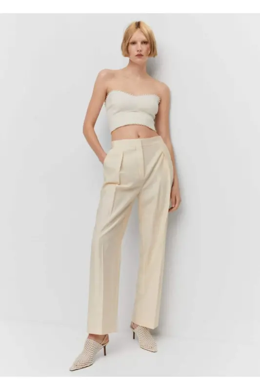 Pleated straight leg pants-Ecru - 6