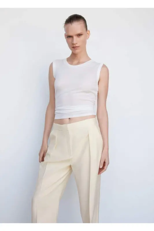 Pleated straight leg pants-Ecru - 7
