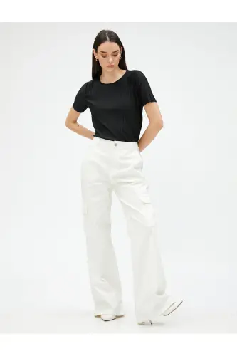 Pleated T-Shirt Short Sleeve Crew Neck-Black - 1