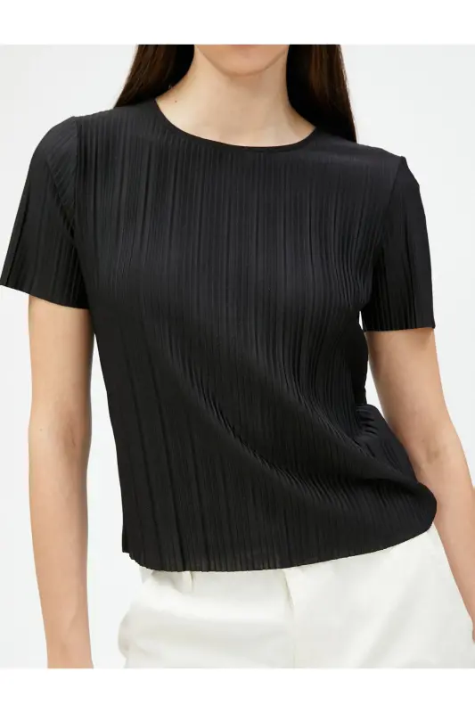 Pleated T-Shirt Short Sleeve Crew Neck-Black - 5