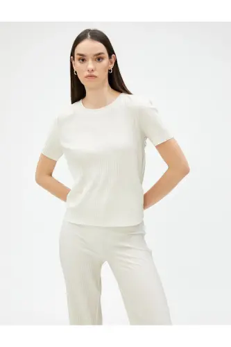 Pleated T-shirt Short Sleeve Crew Neck-Ecru - KOTON (1)