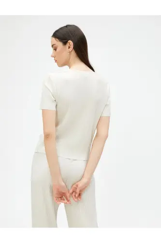 Pleated T-shirt Short Sleeve Crew Neck-Ecru - 4