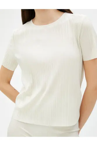 Pleated T-shirt Short Sleeve Crew Neck-Ecru - 5