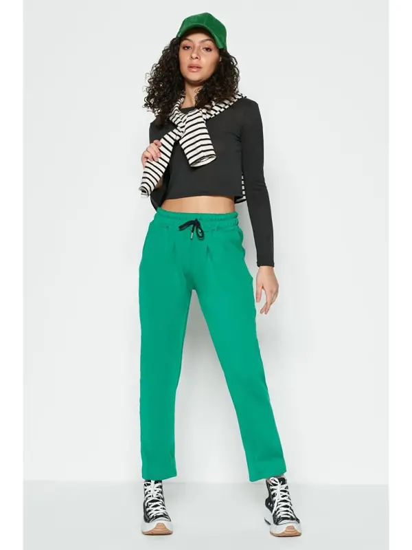 Pleated Waist and Hem Sweatpants 810 Green-Green - 2