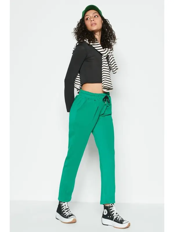 Pleated Waist and Hem Sweatpants 810 Green-Green - 3