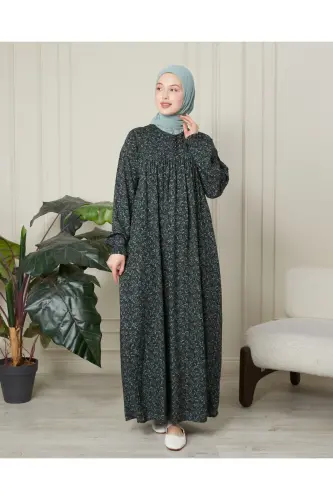 Büzgü Robadan Önü Düğmeli Viskon Kumaş Tessetür Giyim Anne Elbisesi Namaz Elbisesi - Haki Kalın Şal Desen - 4