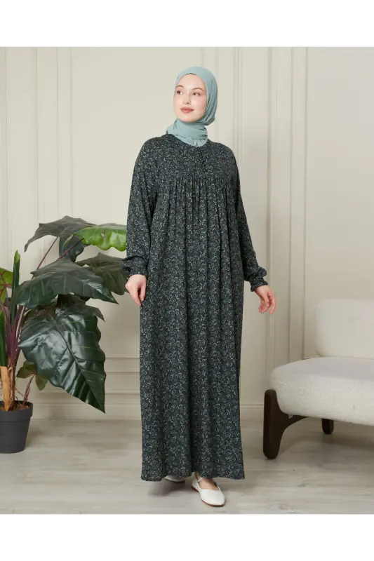 Büzgü Robadan Önü Düğmeli Viskon Kumaş Tessetür Giyim Anne Elbisesi Namaz Elbisesi - Haki Kalın Şal Desen - 5