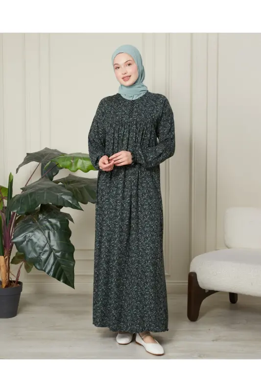 Büzgü Robadan Önü Düğmeli Viskon Kumaş Tessetür Giyim Anne Elbisesi Namaz Elbisesi - Haki Kalın Şal Desen - 6