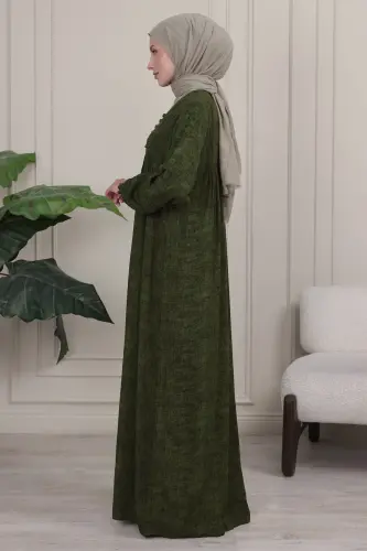 Pleated Yoke Front Buttoned Viscose Fabric Modest Clothing Mother Dress Prayer Dress - Khaki Plain - 3