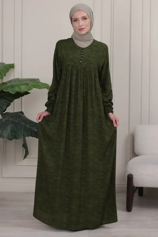 Pleated Yoke Front Buttoned Viscose Fabric Modest Clothing Mother Dress Prayer Dress - Khaki Plain - 6