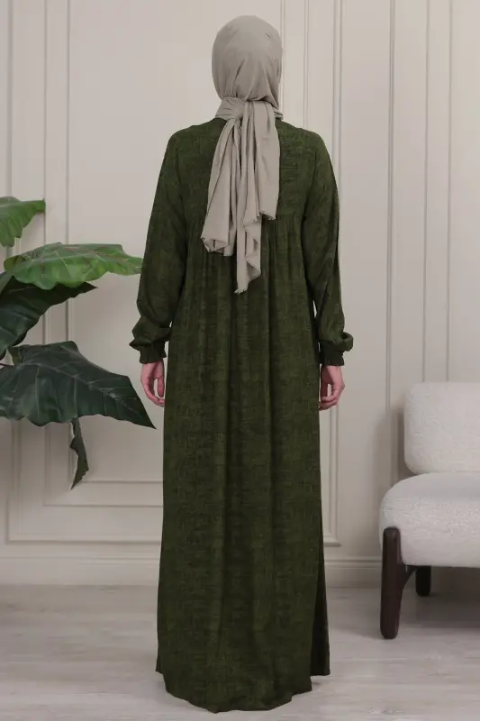 Pleated Yoke Front Buttoned Viscose Fabric Modest Clothing Mother Dress Prayer Dress - Khaki Plain - 8