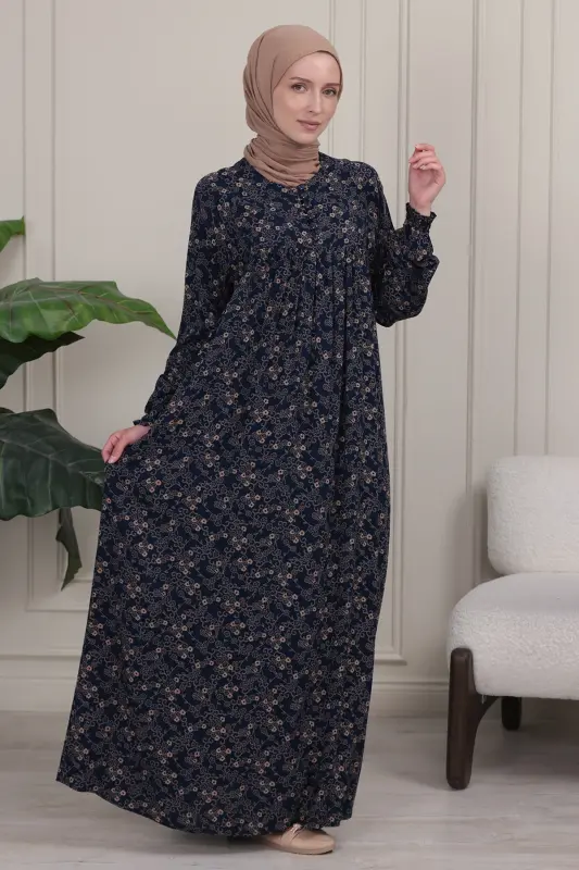 Pleated Yoke Front Buttoned Viscose Fabric Modest Clothing Mother Dress Prayer Dress - Navy Blue 26 - 5