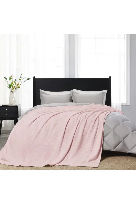 Плед односпальный 100% хлопок в мелкую клетку, покрывало на кровать люкс гостиничного типа, бело-РОЗОВЫЙ - 5