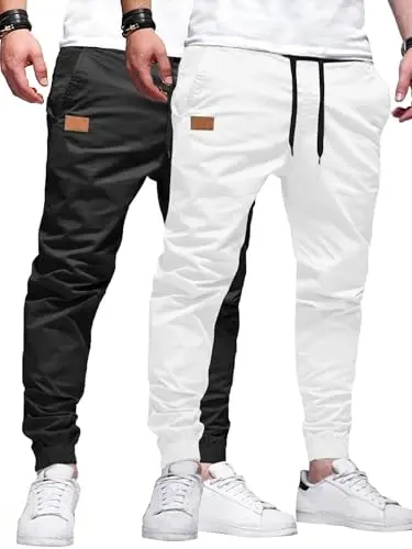 PLEPAN Mens Casual Cargo Joggers - Cotton Drawstring Chino Pants Hiking Outdoor Twill Track Jogging Sweatpants - 1