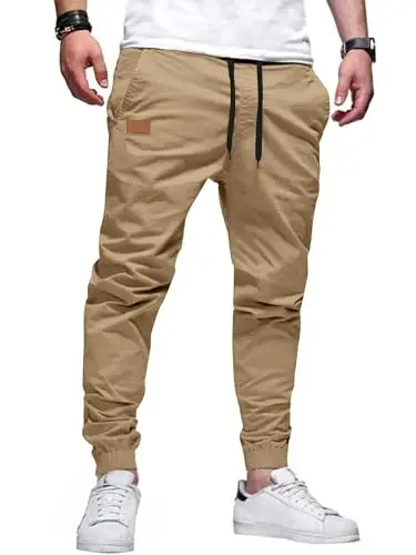 PLEPAN Mens Casual Cargo Joggers - Cotton Drawstring Chino Pants Hiking Outdoor Twill Track Jogging Sweatpants - 1