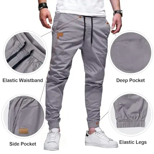 PLEPAN Mens Casual Cargo Joggers - Cotton Drawstring Chino Pants Hiking Outdoor Twill Track Jogging Sweatpants - 3