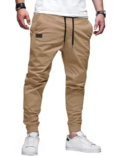 PLEPAN Mens Casual Cargo Joggers - Cotton Drawstring Chino Pants Hiking Outdoor Twill Track Jogging Sweatpants - PLEPAN