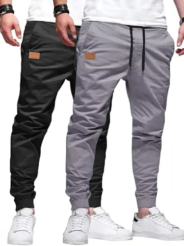 PLEPAN Mens Casual Cargo Joggers - Cotton Drawstring Chino Pants Hiking Outdoor Twill Track Jogging Sweatpants 