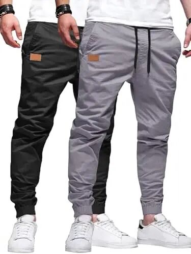 PLEPAN Mens Casual Cargo Joggers - Cotton Drawstring Chino Pants Hiking Outdoor Twill Track Jogging Sweatpants - PLEPAN