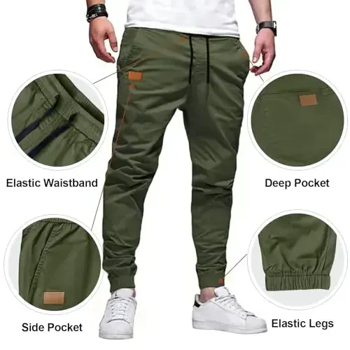 PLEPAN Mens Casual Cargo Joggers - Cotton Drawstring Chino Pants Hiking Outdoor Twill Track Jogging Sweatpants - 3