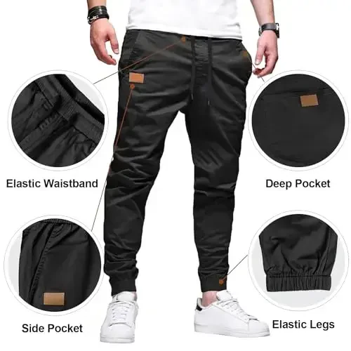 PLEPAN Mens Casual Cargo Joggers - Cotton Drawstring Chino Pants Hiking Outdoor Twill Track Jogging Sweatpants - 3