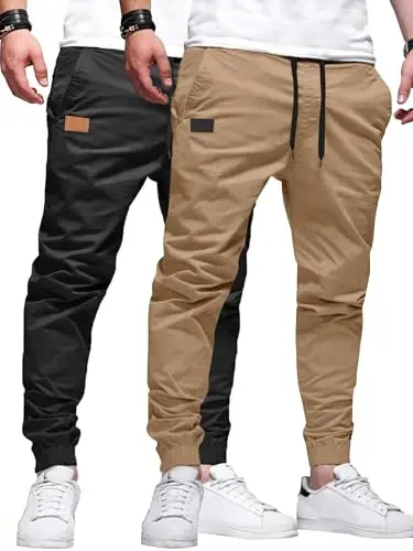 PLEPAN Mens Casual Cargo Joggers - Cotton Drawstring Chino Pants Hiking Outdoor Twill Track Jogging Sweatpants 
