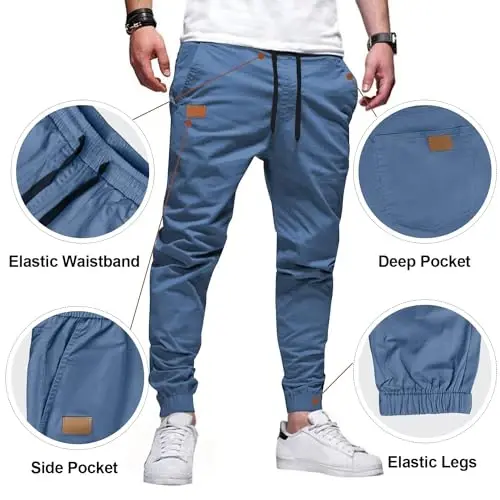 PLEPAN Mens Casual Cargo Joggers - Cotton Drawstring Chino Pants Hiking Outdoor Twill Track Jogging Sweatpants - 3