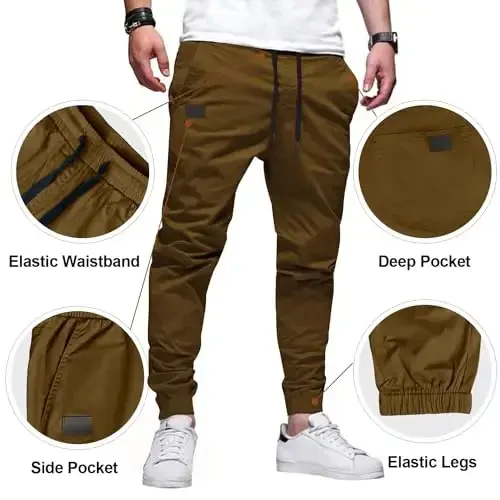 PLEPAN Mens Casual Cargo Joggers - Cotton Drawstring Chino Pants Hiking Outdoor Twill Track Jogging Sweatpants - 3