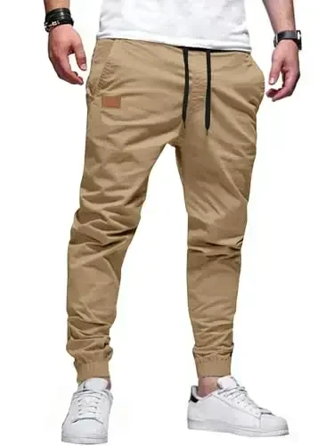 PLEPAN Mens Casual Cargo Joggers - Cotton Drawstring Chino Pants Hiking Outdoor Twill Track Jogging Sweatpants 