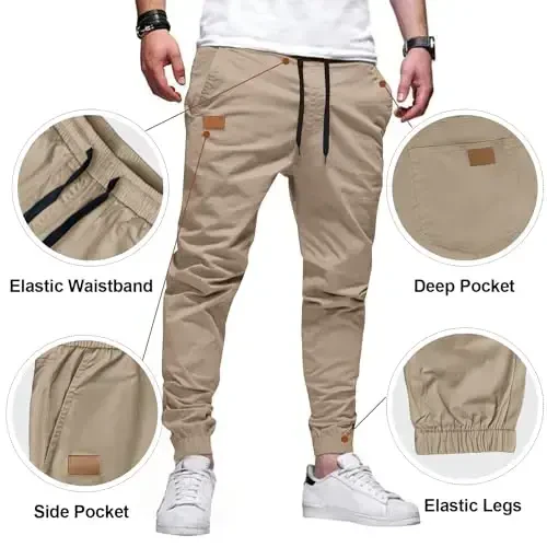 PLEPAN Mens Casual Cargo Joggers - Cotton Drawstring Chino Pants Hiking Outdoor Twill Track Jogging Sweatpants - 3