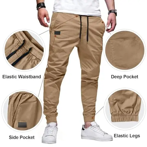PLEPAN Mens Casual Cargo Joggers - Paxta bog'ichli Chino shimlar, Trekking, Ochiq havoda, Twill sport shimlar - 3