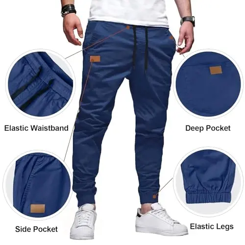 PLEPAN Mens Cotton Casual Cargo Joggers with 4 Pockets | Elastic Waist Drawstring, Track Jogging Sweatpants, Hiking,Outdoor, Comfortable - 5