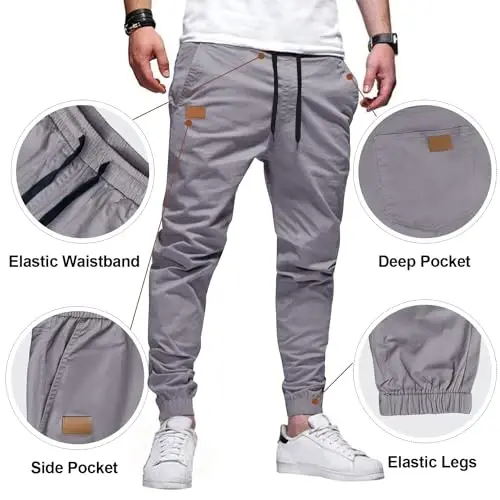 PLEPAN Mens Cotton Casual Cargo Joggers with 4 Pockets | Elastic Waist Drawstring, Track Jogging Sweatpants, Hiking,Outdoor, Comfortable - 5