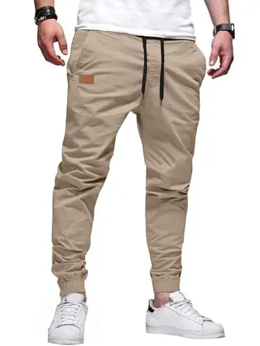 PLEPAN Mens Cotton Casual Cargo Joggers with 4 Pockets | Elastic Waist Drawstring, Track Jogging Sweatpants, Hiking,Outdoor, Comfortable - PLEPAN