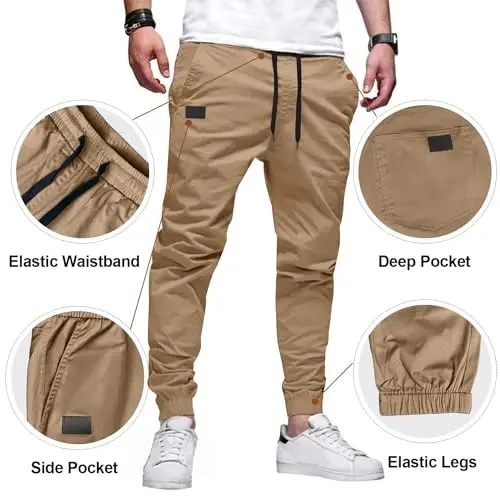 PLEPAN Mens Cotton Casual Cargo Joggers with 4 Pockets | Elastic Waist Drawstring, Track Jogging Sweatpants, Hiking,Outdoor, Comfortable - 5